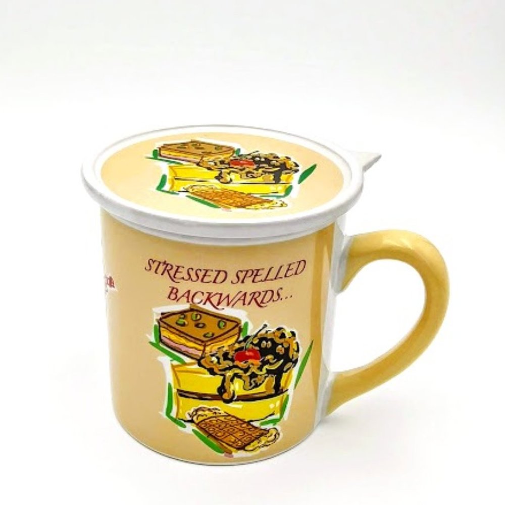 MUG W/LID* "STRESSED SPELLED BACKWARDS IS DESSERTS!!!" CERAMIC MUG